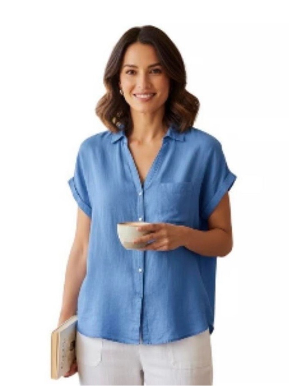 Rachel Zoe Light Blue Short Sleeve Linen Button-Down Shirt, Sz XL (P2P 24”)